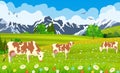 Three cows in a landscape and farm.