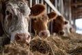 Three cows are munching hay in a cozy barn, gazing at the camera Royalty Free Stock Photo