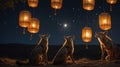 Three Black-backed Jackals Howling at Night Underneath Illuminated Lanterns Royalty Free Stock Photo