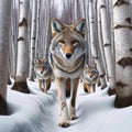 Three Coyotes Wilderness Wintertime Birch Trees Snowy Pathway Forest Canada AI Generated