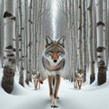 Three Coyotes Wilderness Wintertime Birch Trees Snowy Pathway Forest Canada AI Generated