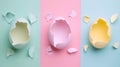 Three cracked eggs in pastel colors on minimalist background. Modern Easter concept. For banner, poster, greetings card, flayer,