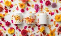Three creme jar blank mockups nestled amidst delicate flower petals on a white background Royalty Free Stock Photo