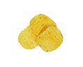 Three crispy potato chips isolated on white background. Tasty fried potato slices in closeup