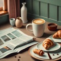 Three Croissants and a Cup of Coffee with Newspaper: A Perfect Breakfast. generative Ai Royalty Free Stock Photo