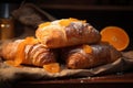 three croissants with powdered sugar on top of a cloth Royalty Free Stock Photo