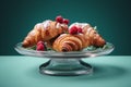 three croissants with raspberries on top of a glass plate Royalty Free Stock Photo