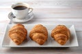 Three croissants on a rectangular plate. Royalty Free Stock Photo