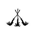 Three crossed brooms. Witch broom. Halloween party logo. Witchcraft and wizardry