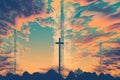 Three Crosses before beautiful sky. Generative AI Royalty Free Stock Photo