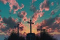 Three Crosses before beautiful sky. Generative AI Royalty Free Stock Photo