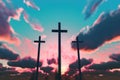 Three Crosses before beautiful sky. Generative AI Royalty Free Stock Photo