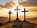 The three crosses of calvary against a glorious sunset set for Easter celebrations Royalty Free Stock Photo