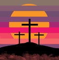 The three crosses of the crucifixion of Jesus Christ  are seen in silhouettes Royalty Free Stock Photo