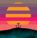 The three crosses of the crucifixion of Jesus Christ  are seen in silhouettes Royalty Free Stock Photo