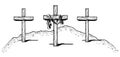 Three crosses with fabric on Golgotha, crucifixion hill in jerusalem, biblical mount Calvary, resurrection