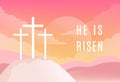 Three Crosses on Golgotha Mountain. He is Risen Sign. Christian Easter Vector Illustration Royalty Free Stock Photo