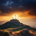 three crosses on Golgotha near the death of the crucifixion of