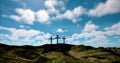 Three crosses on the hill with clouds moving on blue starry sky