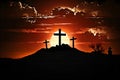 Three crosses on the hill on the sunset Royalty Free Stock Photo