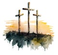 Three Crosses on a Hill Watercolor Style
