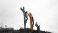 Three Crosses of Jesus Christ on top of the hill in black and white background. Holy week of Easter concept. Good Friday