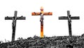 Three Crosses of Jesus Christ on top of the hill in black and white background. Holy week of Easter concept. Good Friday