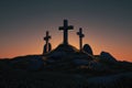 Three crosses on the mountain at sunset. Crucifixion of Jesus Christ, Generative AI