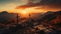 Three Crosses on Mountain at Sunset Royalty Free Stock Photo