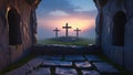 A view of three crosses on a hill from inside a stone structure at sunset with a stone pathway Royalty Free Stock Photo