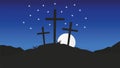 Three crosses standing on Golgotha.Good Friday christian vector background illustration