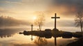 Three Crosses at Sunrise over a Foggy Lake Easter Royalty Free Stock Photo