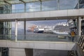 Three Cruise Ships moored at the Cruise Ship dock, Canada Place, Vancouver, British Columbia, Canada Royalty Free Stock Photo