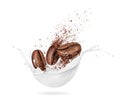 Three crushed coffee beans in milk splashes Royalty Free Stock Photo