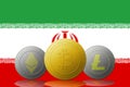Three cryptocurrencies Bitcoin Ethereum and Litecoin with Iran flag on background