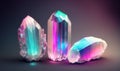 three crystal stones with different colors and shapes on a dark background with a black background and a blue and pink hued one