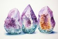 Three crystals - clear quartz, amethyst, and rose quartz - are shown on a white surface, Crystal geode cross-sections in