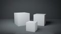 Brighter render of alternatively lit white cubes pedestals minimalist style