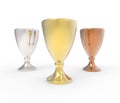 Three cup trophies, gold, silver and bronze. Royalty Free Stock Photo