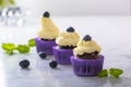 Three cupcakes with blueberry in purple wrap on white marble table top Royalty Free Stock Photo