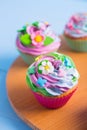 Three tender cupcakes with creamy multicolored top decorated with colorful flowers and butterflies on wooden round desk Royalty Free Stock Photo