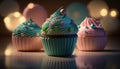 three cupcakes with frosting and decorations on them. generative ai