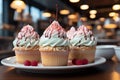 three cupcakes with frosting and raspberries on a white plate