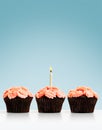 Three cupcakes with lit candle on blue Royalty Free Stock Photo