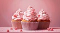 three cupcakes with pink frosting on a pink background. generative ai