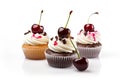 Three cupcakes with white frosting and cherries on top. AI generative image.