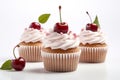 Three cupcakes with white frosting and a cherry on top. Generative AI image.