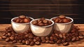 three cups of coffee beans on a wooden table