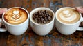 Three cups of coffee with different designs and flavors Royalty Free Stock Photo