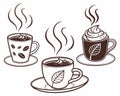 Three cups of coffee with steam and designs on the cups in a black and white illustration style Royalty Free Stock Photo